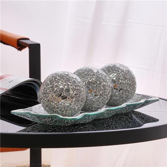 12.4” Mosaic Glass Decorative Tray Dish Plate with 3pcs 3" Decorative Orbs Balls - Picture 3 of 6